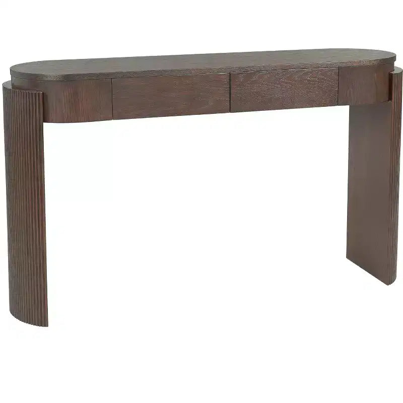 Mesa consola moderna con parte superior ovalada, patas curvas acanaladas y 2 cajones ocultos