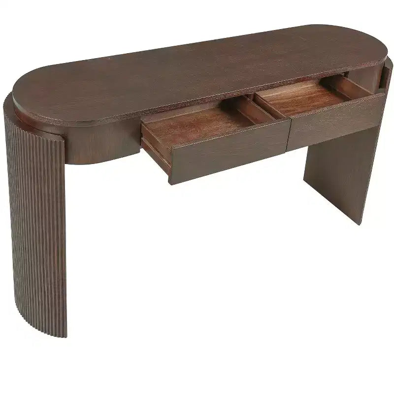 Mesa consola moderna con parte superior ovalada, patas curvas acanaladas y 2 cajones ocultos