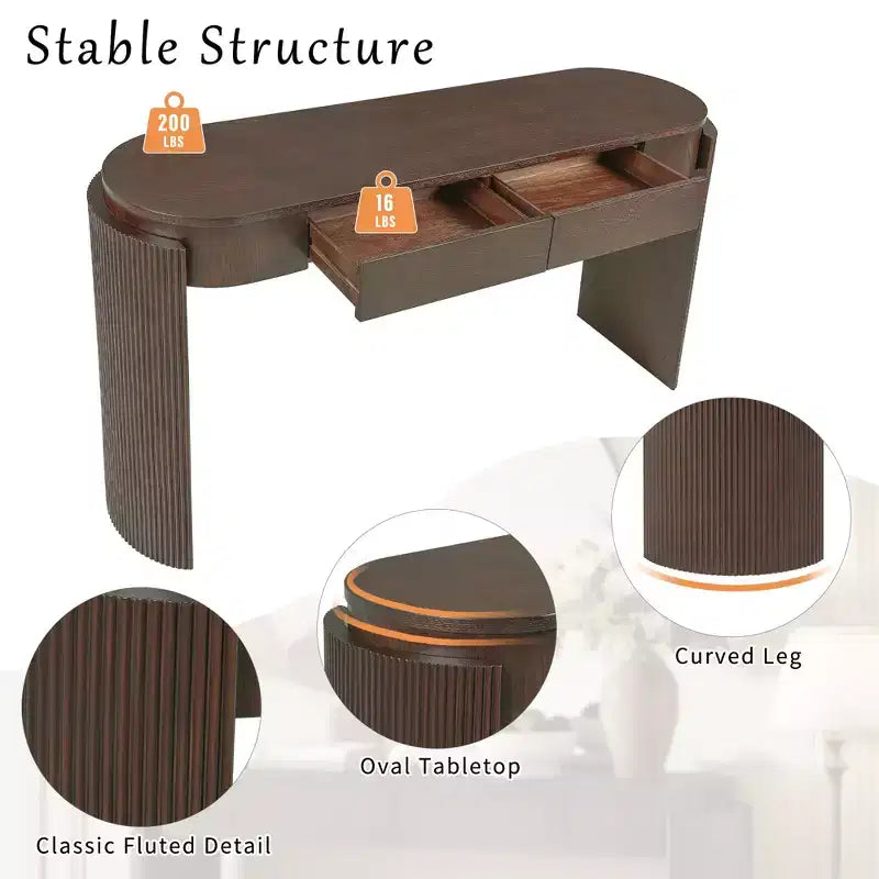 Mesa consola moderna con parte superior ovalada, patas curvas acanaladas y 2 cajones ocultos