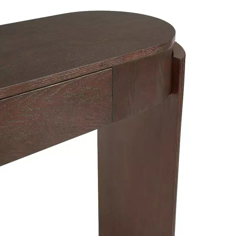 Mesa consola moderna con parte superior ovalada, patas curvas acanaladas y 2 cajones ocultos