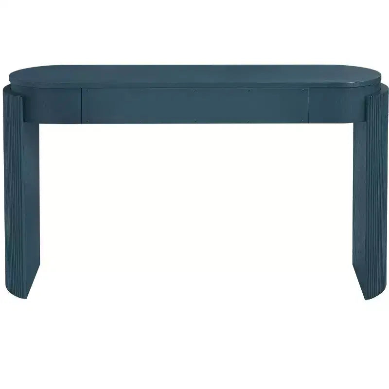 Mesa consola moderna con parte superior ovalada, patas curvas acanaladas y 2 cajones ocultos