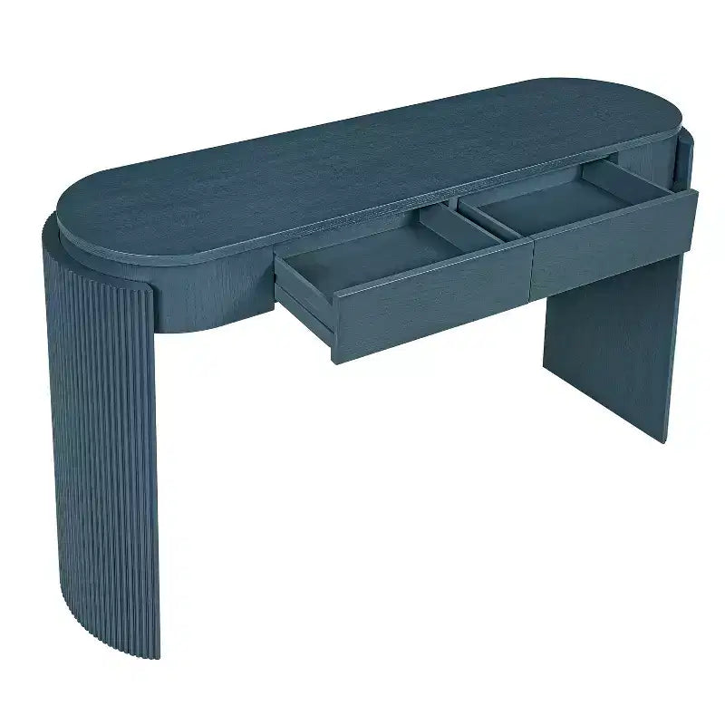 Mesa consola moderna con parte superior ovalada, patas curvas acanaladas y 2 cajones ocultos