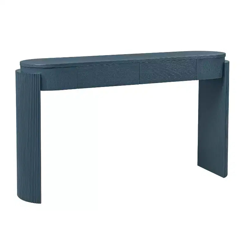 Mesa consola moderna con parte superior ovalada, patas curvas acanaladas y 2 cajones ocultos