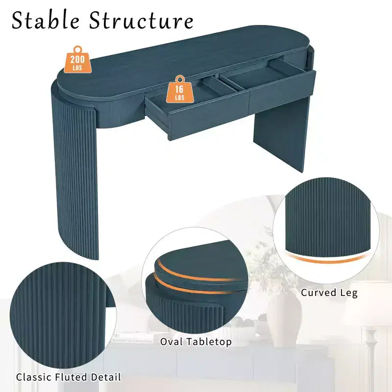 Mesa consola moderna con parte superior ovalada, patas curvas acanaladas y 2 cajones ocultos
