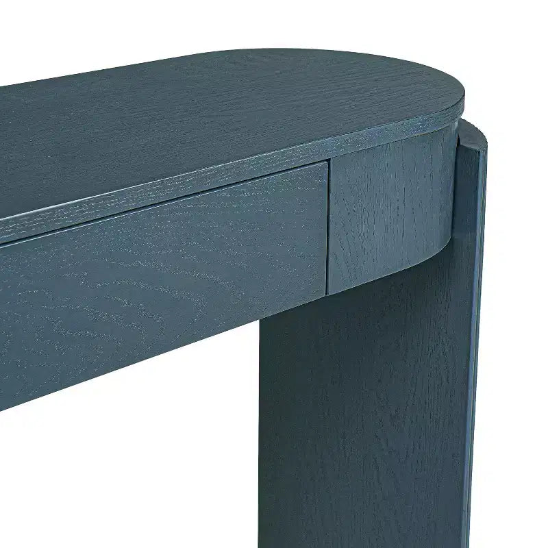 Mesa consola moderna con parte superior ovalada, patas curvas acanaladas y 2 cajones ocultos