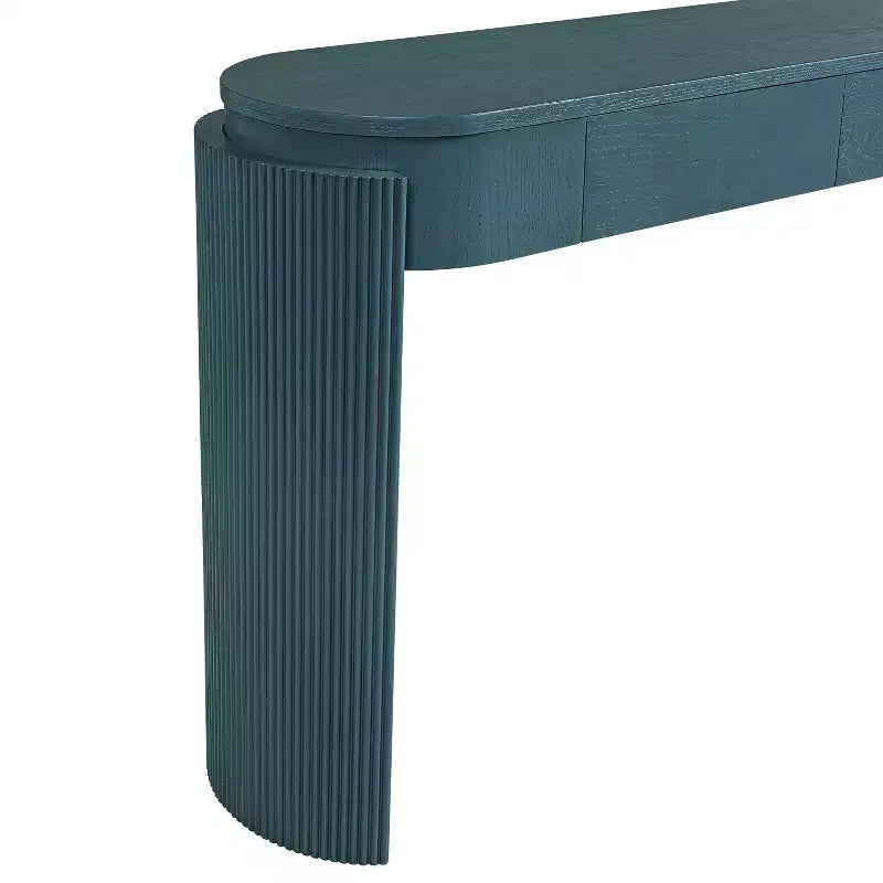 Mesa consola moderna con parte superior ovalada, patas curvas acanaladas y 2 cajones ocultos