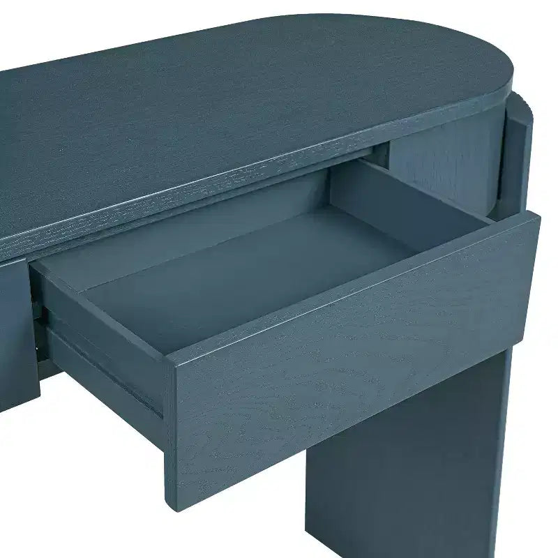 Mesa consola moderna con parte superior ovalada, patas curvas acanaladas y 2 cajones ocultos