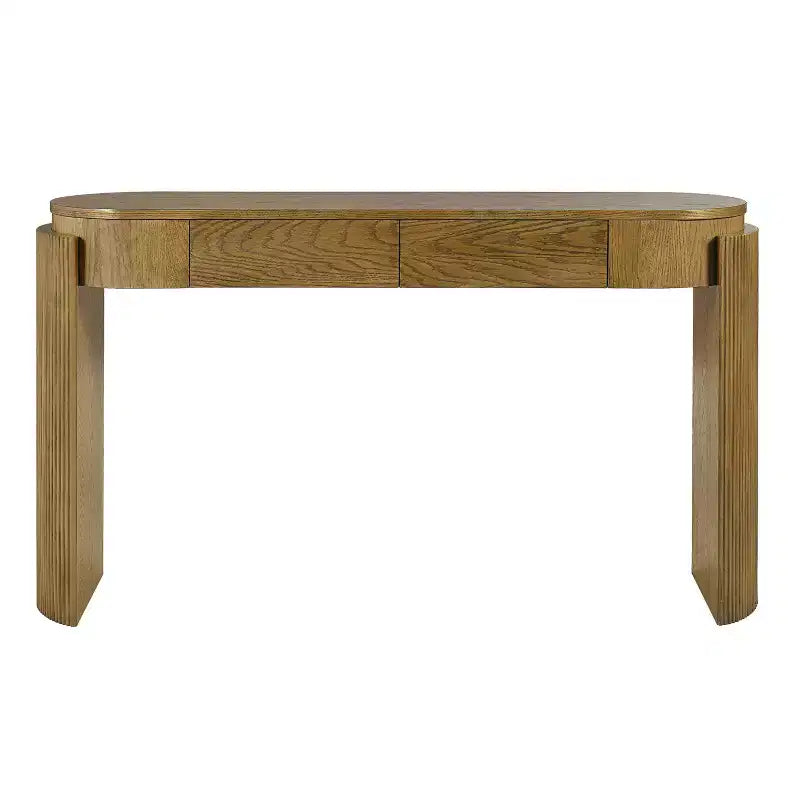 Mesa consola moderna con parte superior ovalada, patas curvas acanaladas y 2 cajones ocultos