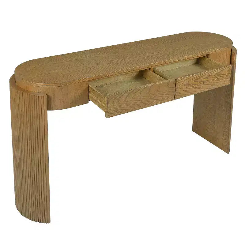 Mesa consola moderna con parte superior ovalada, patas curvas acanaladas y 2 cajones ocultos