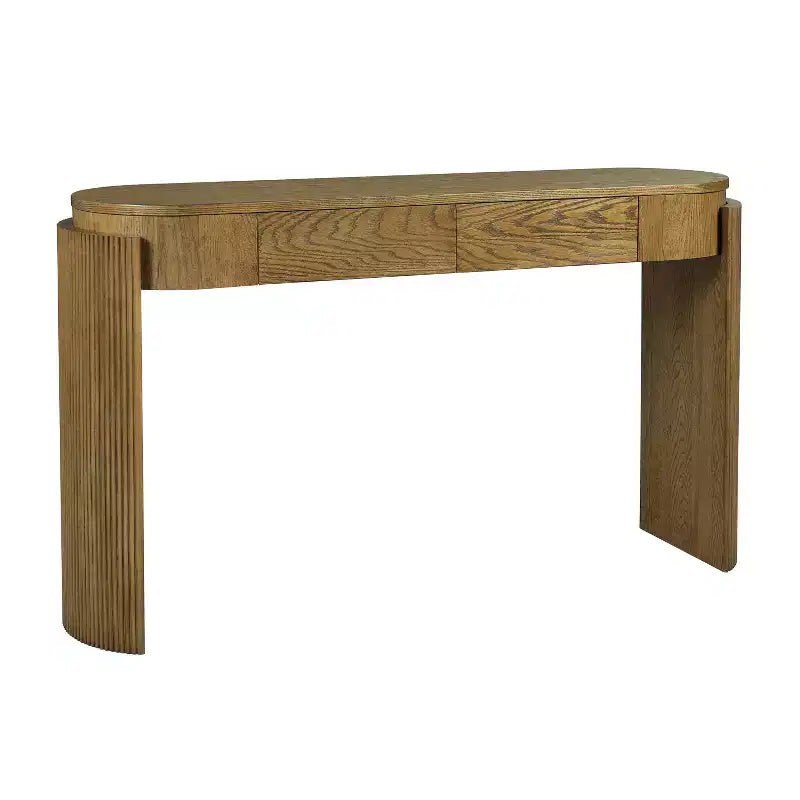 Mesa consola moderna con parte superior ovalada, patas curvas acanaladas y 2 cajones ocultos