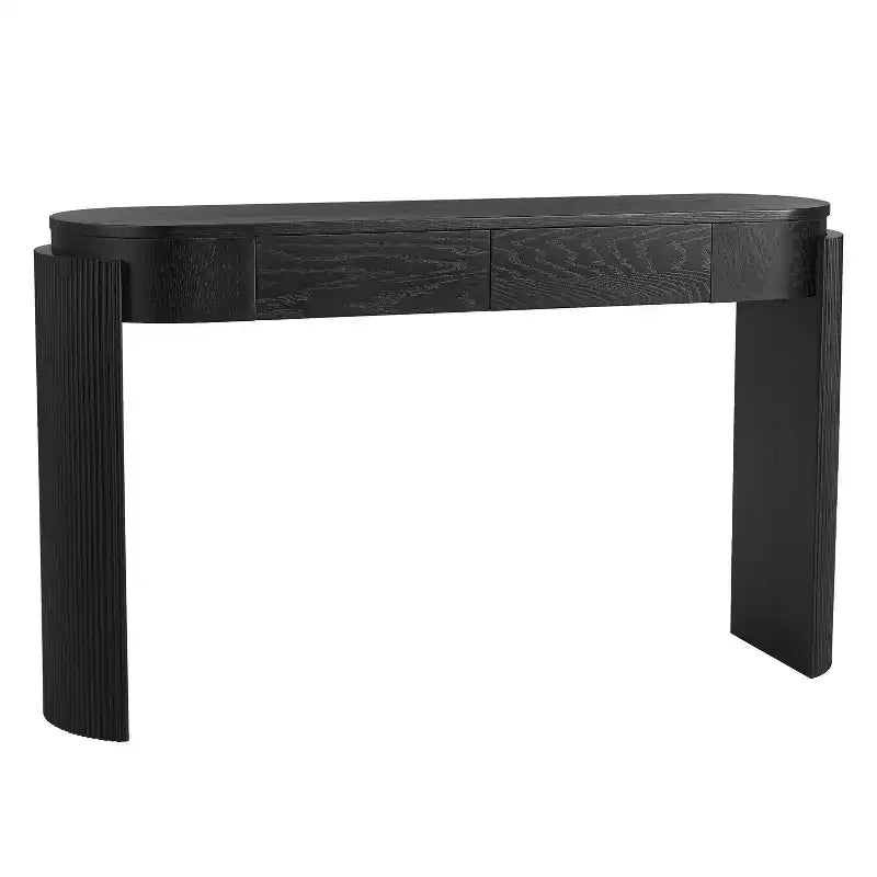 Mesa consola moderna con parte superior ovalada, patas curvas acanaladas y 2 cajones ocultos