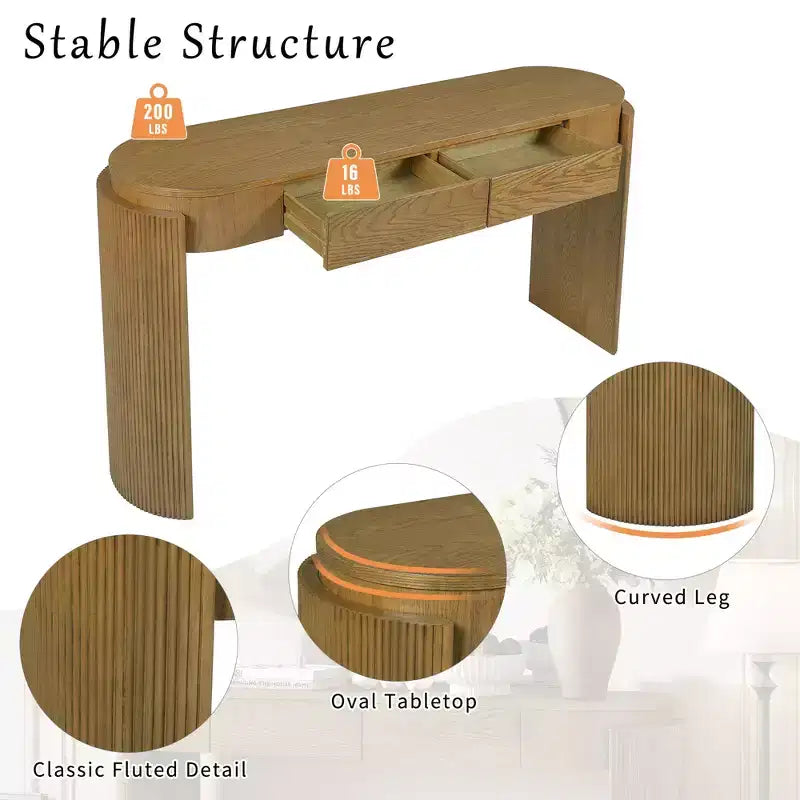 Mesa consola moderna con parte superior ovalada, patas curvas acanaladas y 2 cajones ocultos