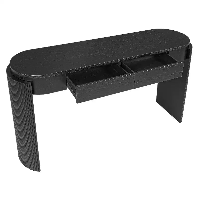 Mesa consola moderna con parte superior ovalada, patas curvas acanaladas y 2 cajones ocultos