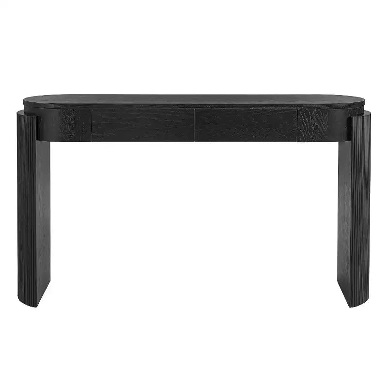 Mesa consola moderna con parte superior ovalada, patas curvas acanaladas y 2 cajones ocultos