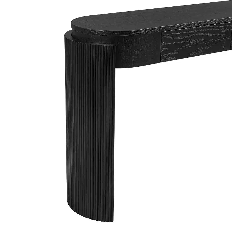 Mesa consola moderna con parte superior ovalada, patas curvas acanaladas y 2 cajones ocultos