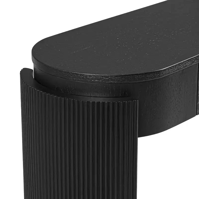 Mesa consola moderna con parte superior ovalada, patas curvas acanaladas y 2 cajones ocultos