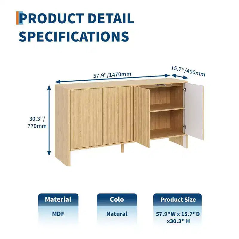 Aparador moderno de 58, con 4 puertas acanaladas y estantes ajustables, credenza, mueble bar para café y consola para TV