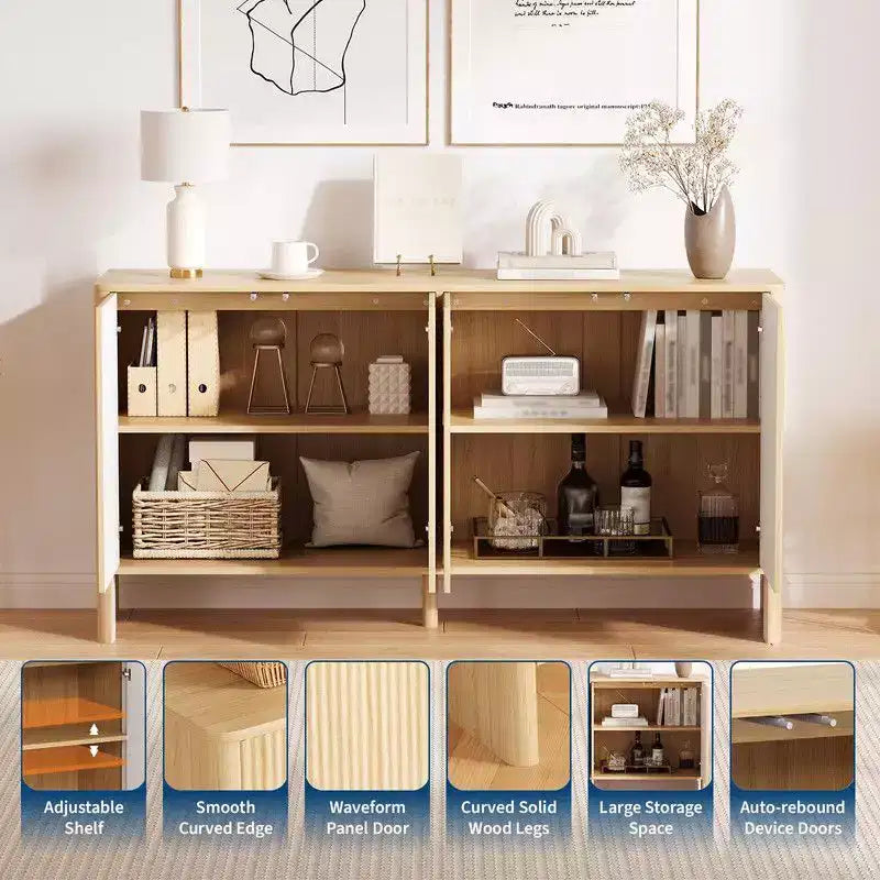 Aparador moderno de 58, con 4 puertas acanaladas y estantes ajustables, credenza, mueble bar para café y consola para TV