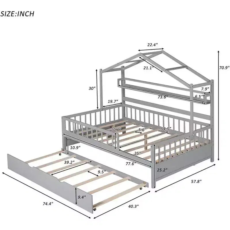 Cama tipo casita de tamaño matrimonial para niños con cajones de almacenamiento, barandillas de seguridad y diseño de techo, cama de juegos, blanca