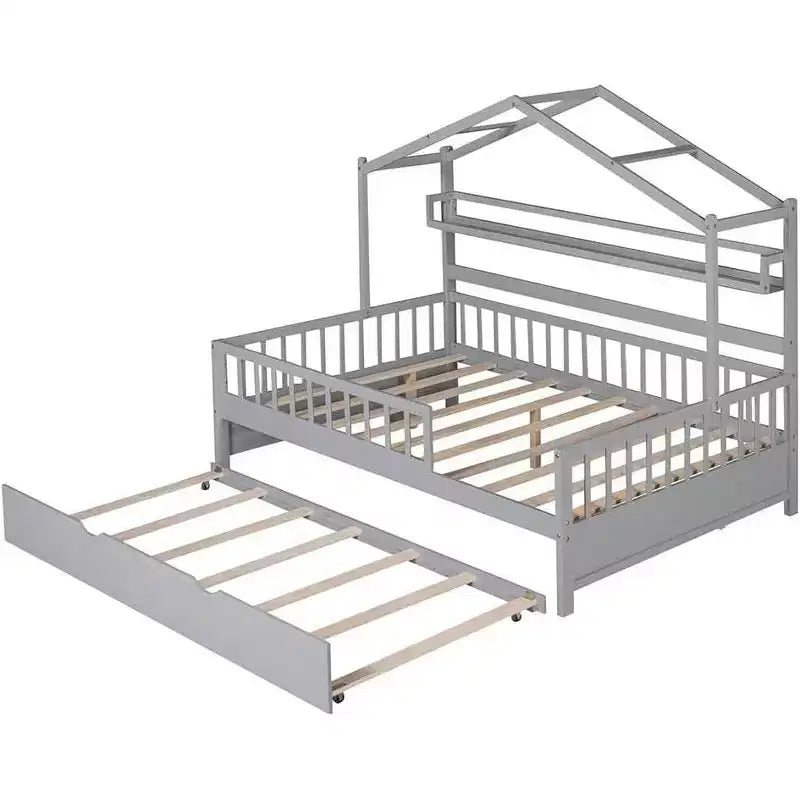 Cama tipo casita de tamaño matrimonial para niños con cajones de almacenamiento, barandillas de seguridad y diseño de techo, cama de juegos, blanca
