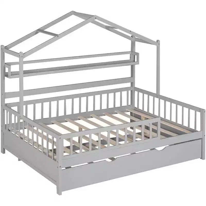 Cama tipo casita de tamaño matrimonial para niños con cajones de almacenamiento, barandillas de seguridad y diseño de techo, cama de juegos, blanca
