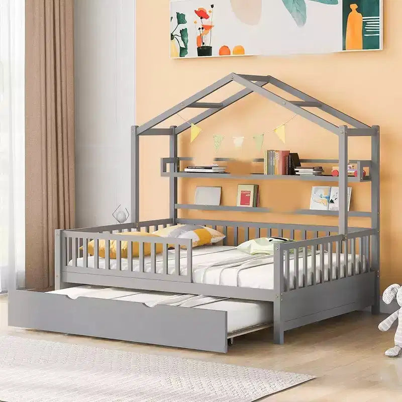 Cama tipo casita de tamaño matrimonial para niños con cajones de almacenamiento, barandillas de seguridad y diseño de techo, cama de juegos, blanca