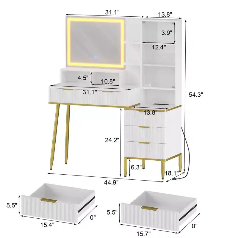 Escritorio tocador acanalado con espejo y luces, 5 cajones, iluminación ajustable de 3 colores, toma de corriente y mesa de maquillaje