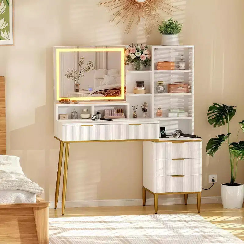 Escritorio tocador acanalado con espejo y luces, 5 cajones, iluminación ajustable de 3 colores, toma de corriente y mesa de maquillaje