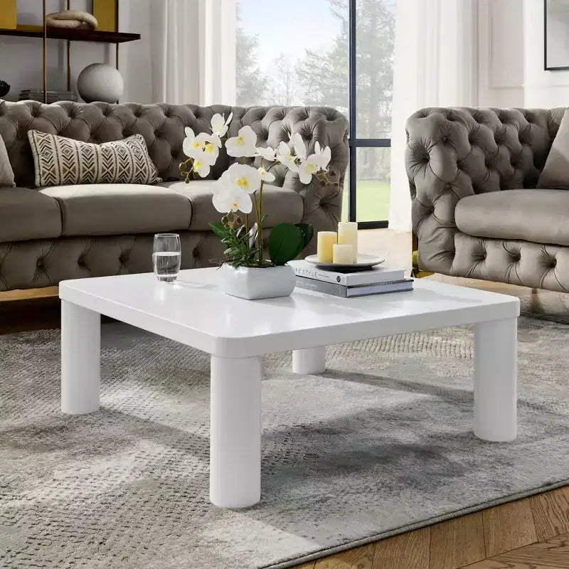 Mesa de centro cuadrada moderna con esquinas redondeadas, mesa de centro de MDF color blanco crema, fácil de montar, mesa central resistente para la sala de estar