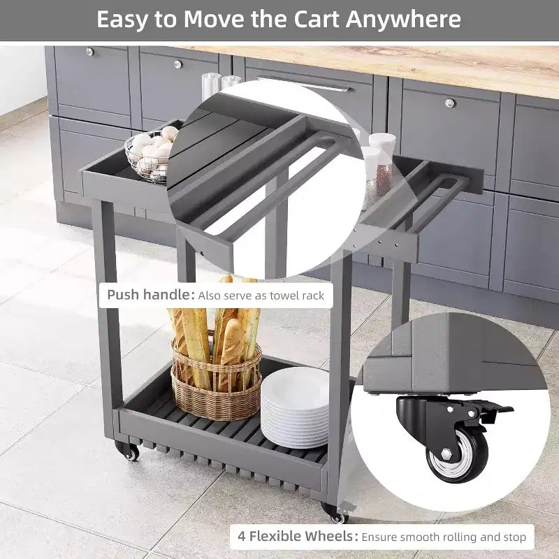Carrello di servizio multiuso con ruote e ripiani rialzati, carrello da esterno a 2 ripiani per preparazione, casa, ufficio, patio e barbecue in giardino, portata di 500 lbs