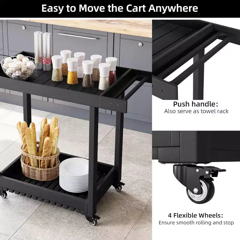 Carrello di servizio multiuso con ruote e ripiani rialzati, carrello da esterno a 2 ripiani per preparazione, casa, ufficio, patio e barbecue in giardino, portata di 500 lbs