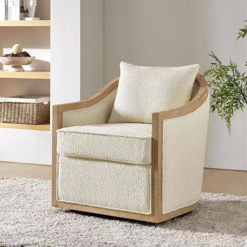 Sillón rústico de ratán y madera maciza (con borde de madera maciza) - blanco marfil