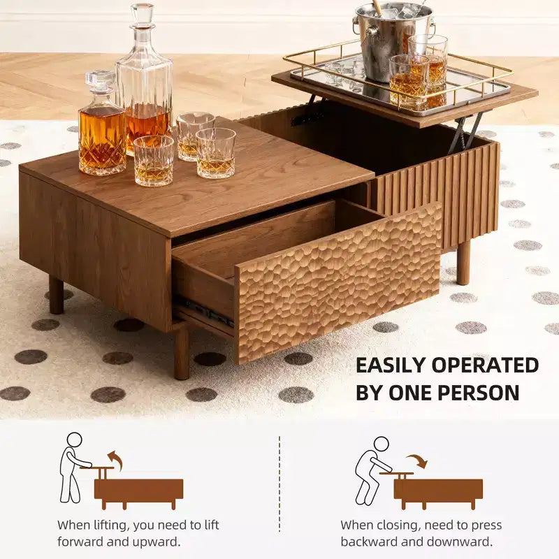 Tavolino da salotto moderno scanalato con piano sollevabile, contenitore nascosto e cassetti con texture artigianale