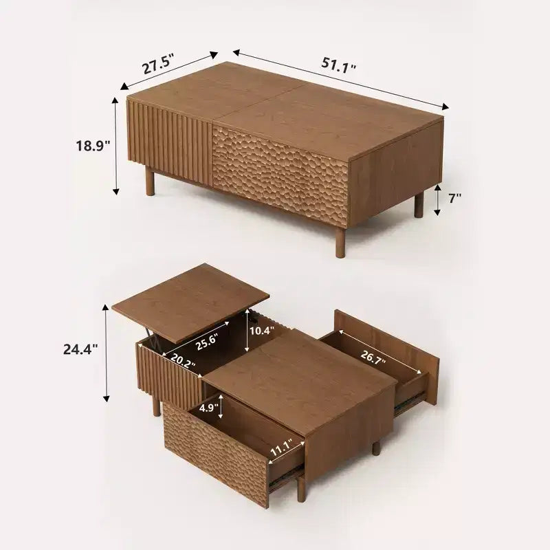 Tavolino da salotto moderno scanalato con piano sollevabile, contenitore nascosto e cassetti con texture artigianale
