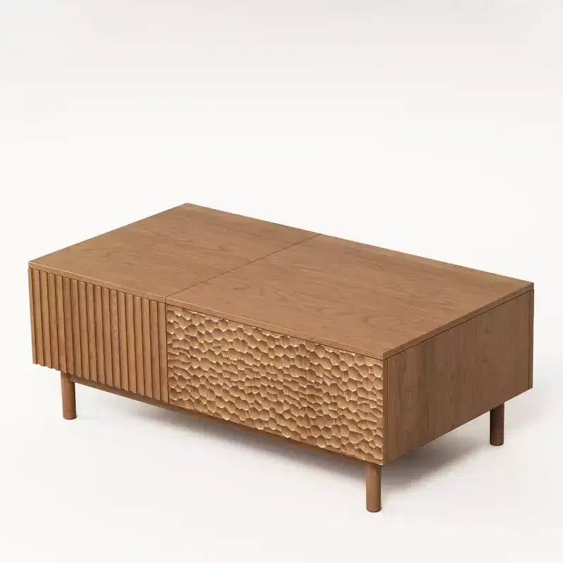 Tavolino da salotto moderno scanalato con piano sollevabile, contenitore nascosto e cassetti con texture artigianale