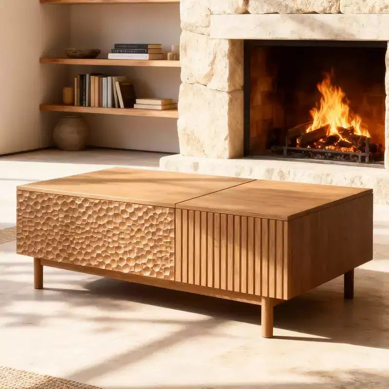 Tavolino da salotto moderno scanalato con piano sollevabile, contenitore nascosto e cassetti con texture artigianale