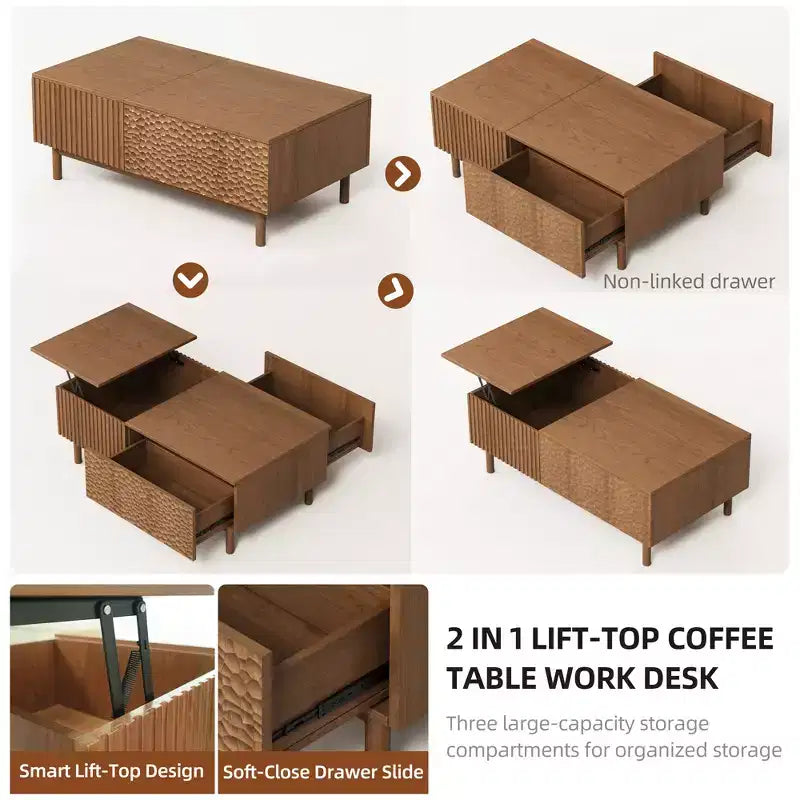 Tavolino da salotto moderno scanalato con piano sollevabile, contenitore nascosto e cassetti con texture artigianale