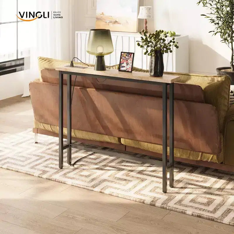 Mesa de pasillo de 1 pieza color roble, de melamina y hierro, con regleta eléctrica