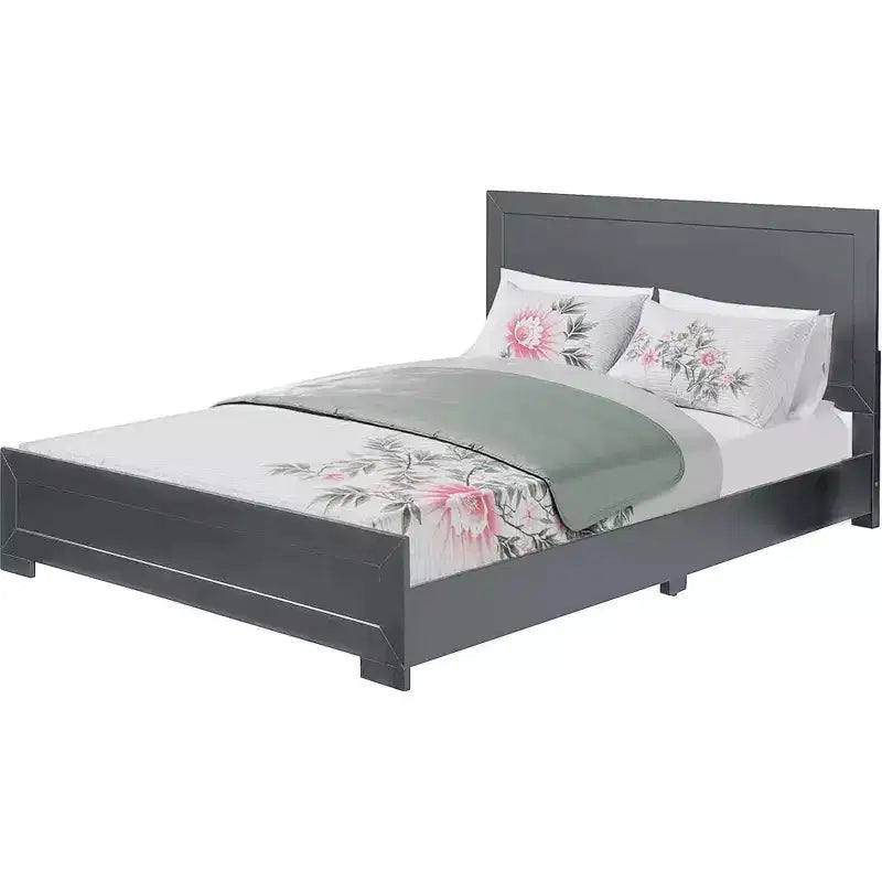 HomeRoots Gray Inlaid Panels Wood Queen Bed Frame