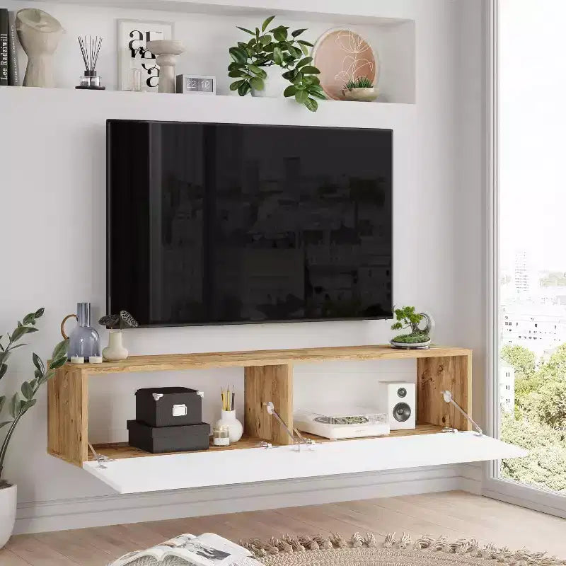 Szafka RTV i centrum rozrywki z półkami do przechowywania oraz drzwiczkami