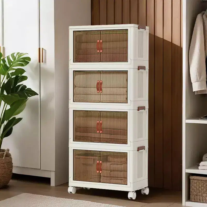 Contenitori in plastica impilabili a 4 livelli, 4 contenitori pieghevoli con ruote, organizer per armadio e contenitori a doppia anta per casa e camera da letto