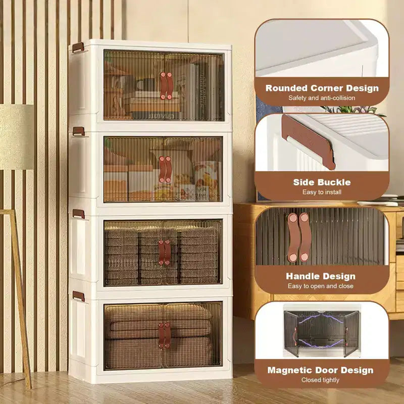 Contenitori in plastica impilabili a 4 livelli, 4 contenitori pieghevoli con ruote, organizer per armadio e contenitori a doppia anta per casa e camera da letto
