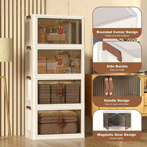Contenedores de almacenamiento de plástico apilables de 4 niveles, 4 contenedores plegables con ruedas, organizadores de armario y almacenamiento con doble puerta para el hogar y el dormitorio