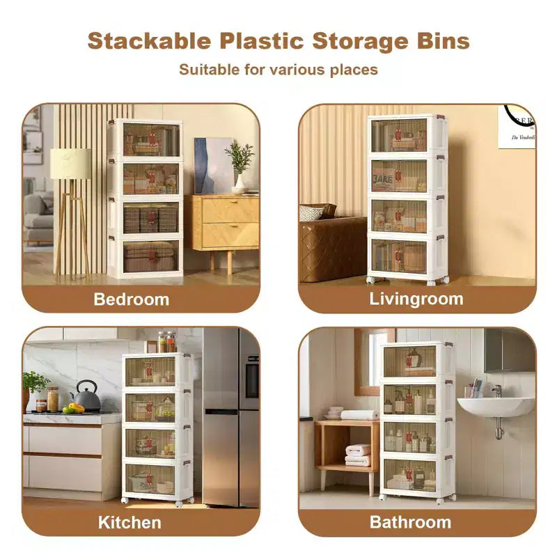 Contenitori in plastica impilabili a 4 livelli, 4 contenitori pieghevoli con ruote, organizer per armadio e contenitori a doppia anta per casa e camera da letto
