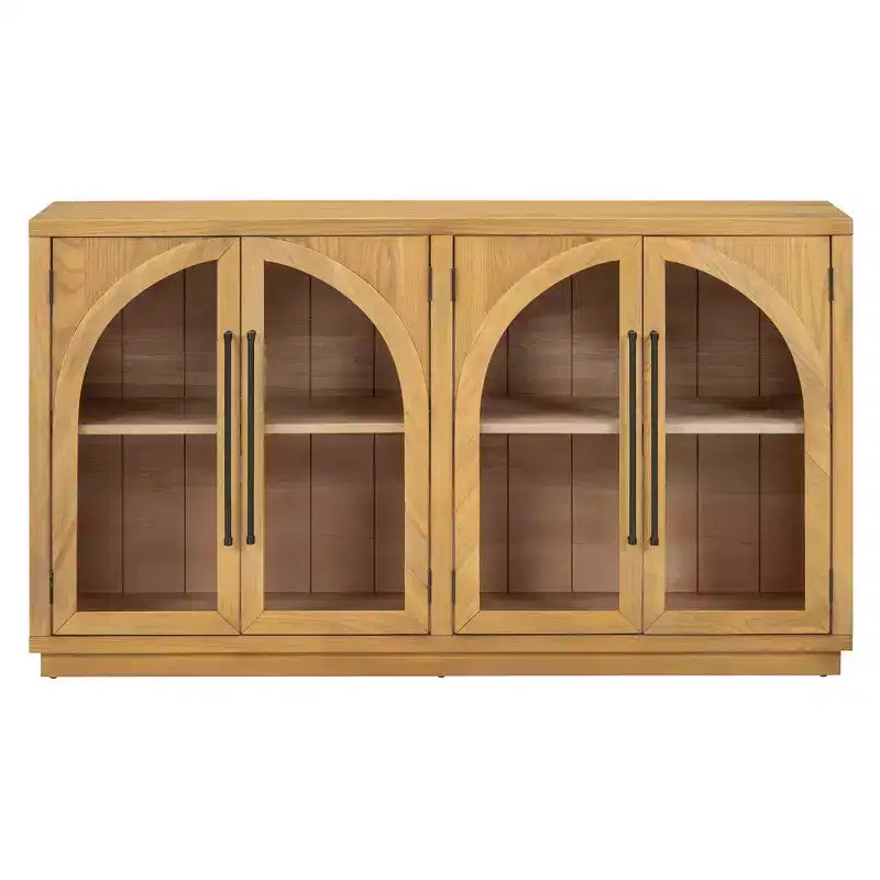 Credenza buffet a 4 ante con ampio spazio contenitore, ante in vetro e ripiani regolabili per sala da pranzo e soggiorno, legno naturale