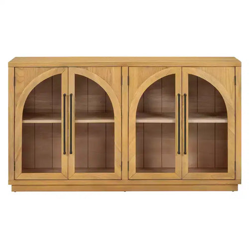 Aparador con 4 puertas y gran capacidad de almacenamiento, puertas de vidrio y estantes ajustables para comedor y sala de estar, madera natural