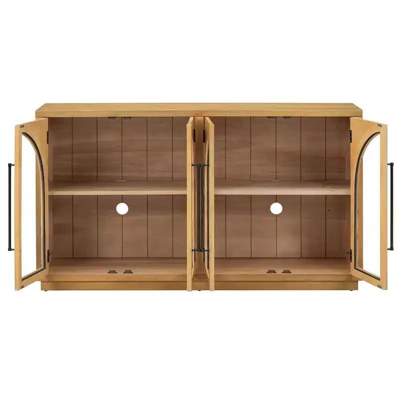 Credenza buffet a 4 ante con ampio spazio contenitore, ante in vetro e ripiani regolabili per sala da pranzo e soggiorno, legno naturale