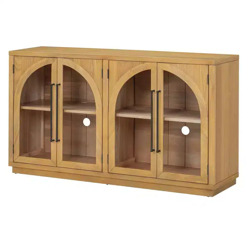 Credenza buffet a 4 ante con ampio spazio contenitore, ante in vetro e ripiani regolabili per sala da pranzo e soggiorno, legno naturale