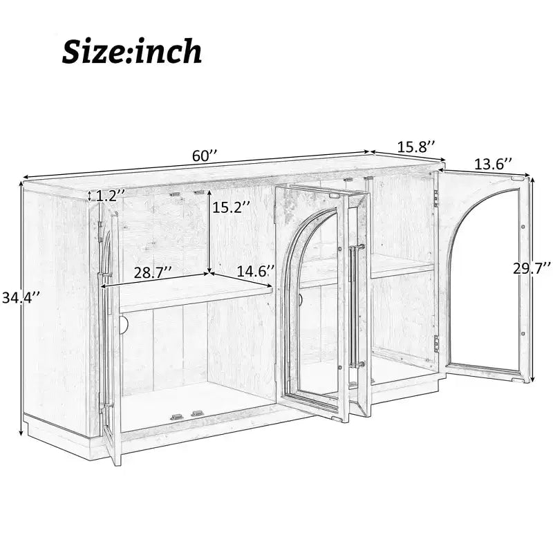 Credenza buffet a 4 ante con ampio spazio contenitore, ante in vetro e ripiani regolabili per sala da pranzo e soggiorno, legno naturale