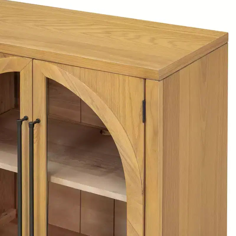Credenza buffet a 4 ante con ampio spazio contenitore, ante in vetro e ripiani regolabili per sala da pranzo e soggiorno, legno naturale